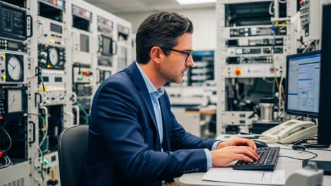 professional engineer working steadily in a high-tech lab surrounded by complex equipment and monitors, focused on data analysis and problem solving