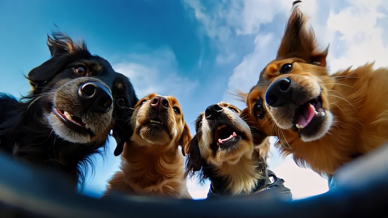 un grupo de perros mirando hacia el cielo