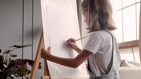 vista trasera de una niña rubia pintando en el atril al lado de la ventana en casa 1