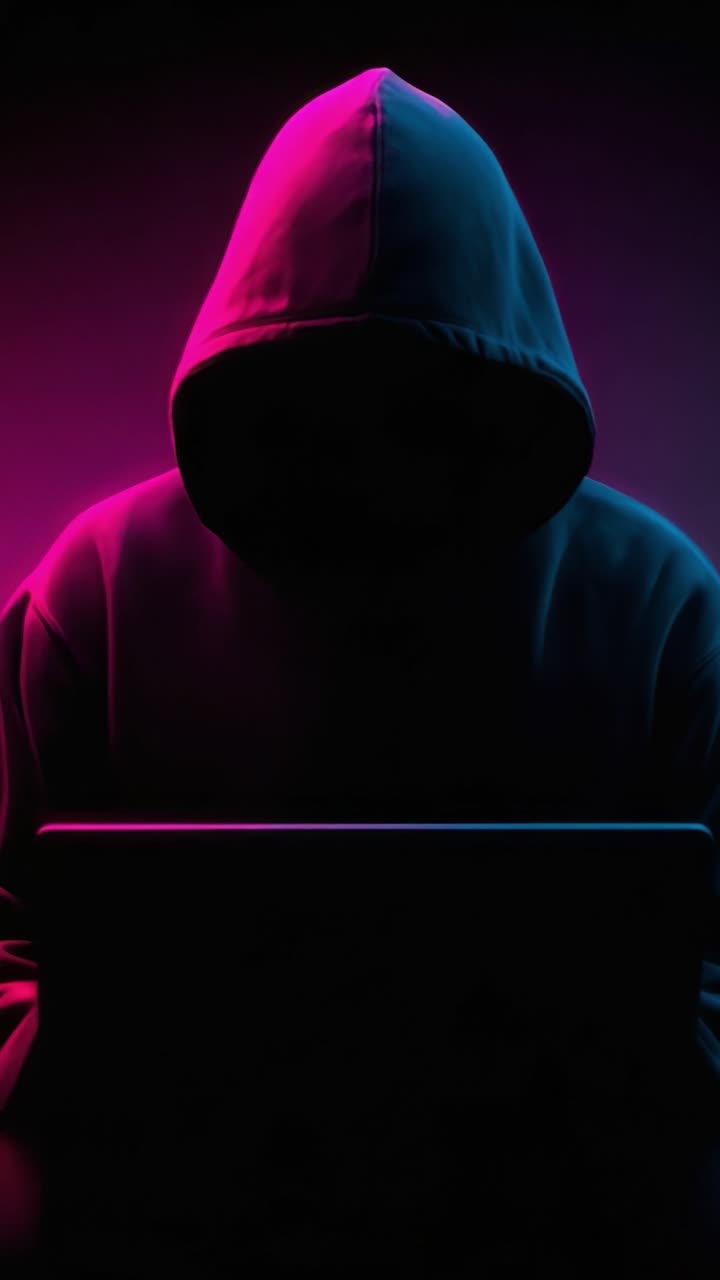 En skyggefuld figur i hættetrøje, intenst fokuseret på en bærbar computer, oplyst af levende lilla og blå lys, sætter en mystisk og spændende tone i denne fængslende digitale scene.