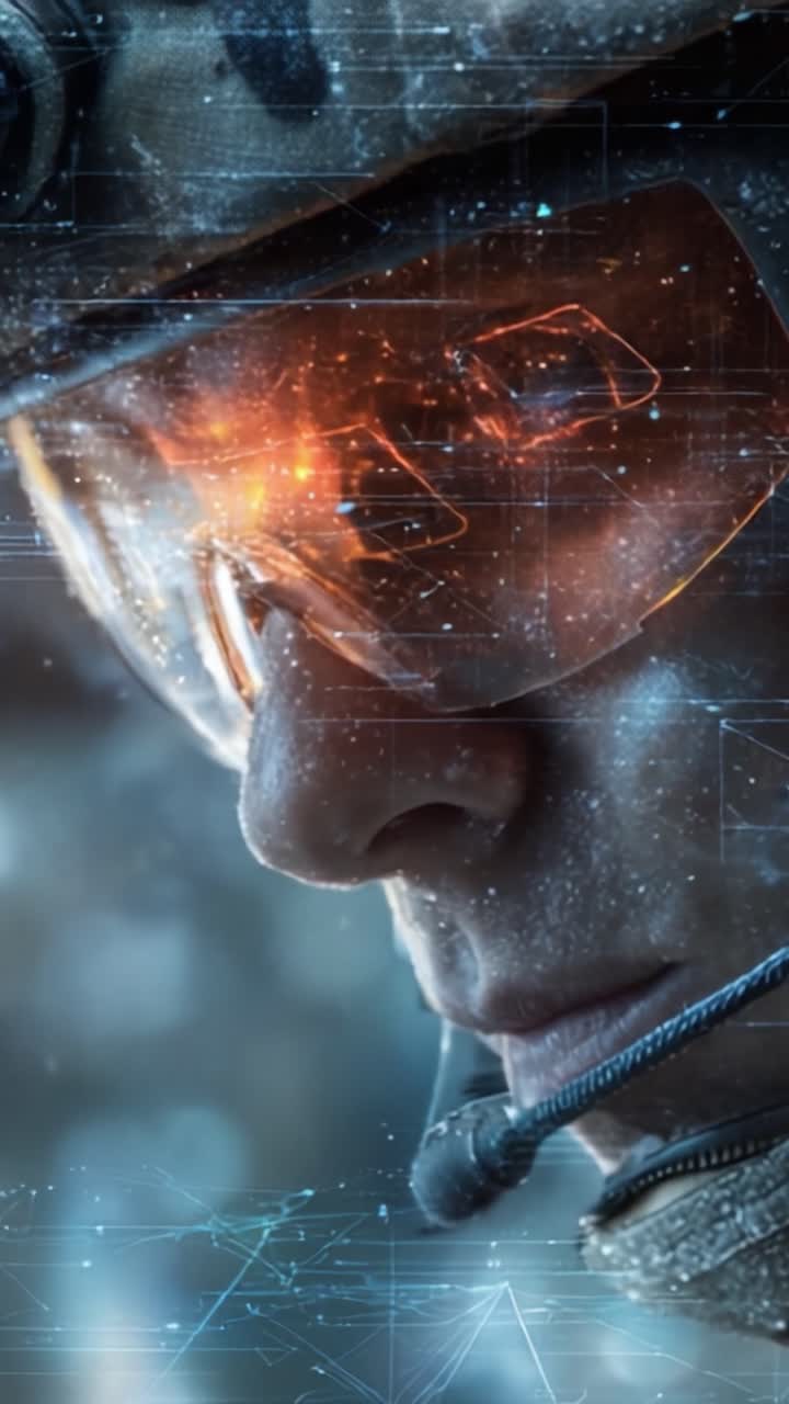 Um close-up de um soldado com equipamento tático e viseira de alta tecnologia, iluminado por elementos digitais, representando a guerra moderna e a integração tecnológica em operações militares