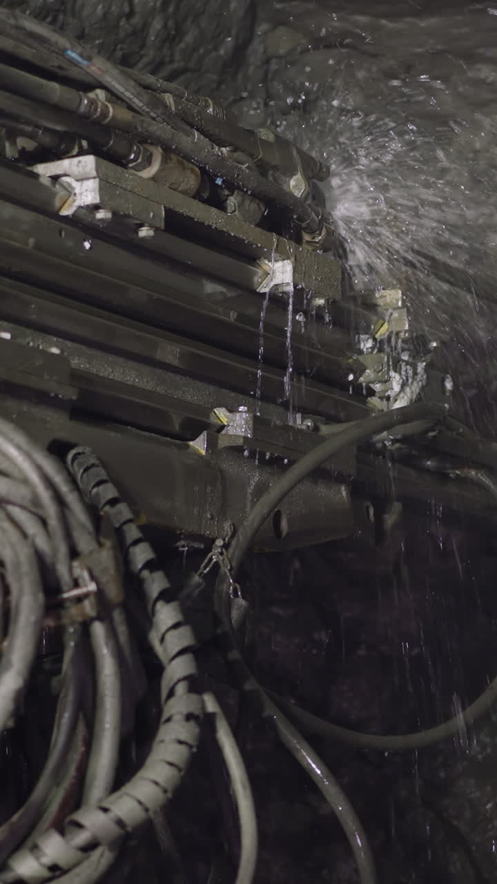 Machinery equipment drills large hole in hard rock of ore mine to set explosives. Robot drill with coolant operates spraying cold water closeup