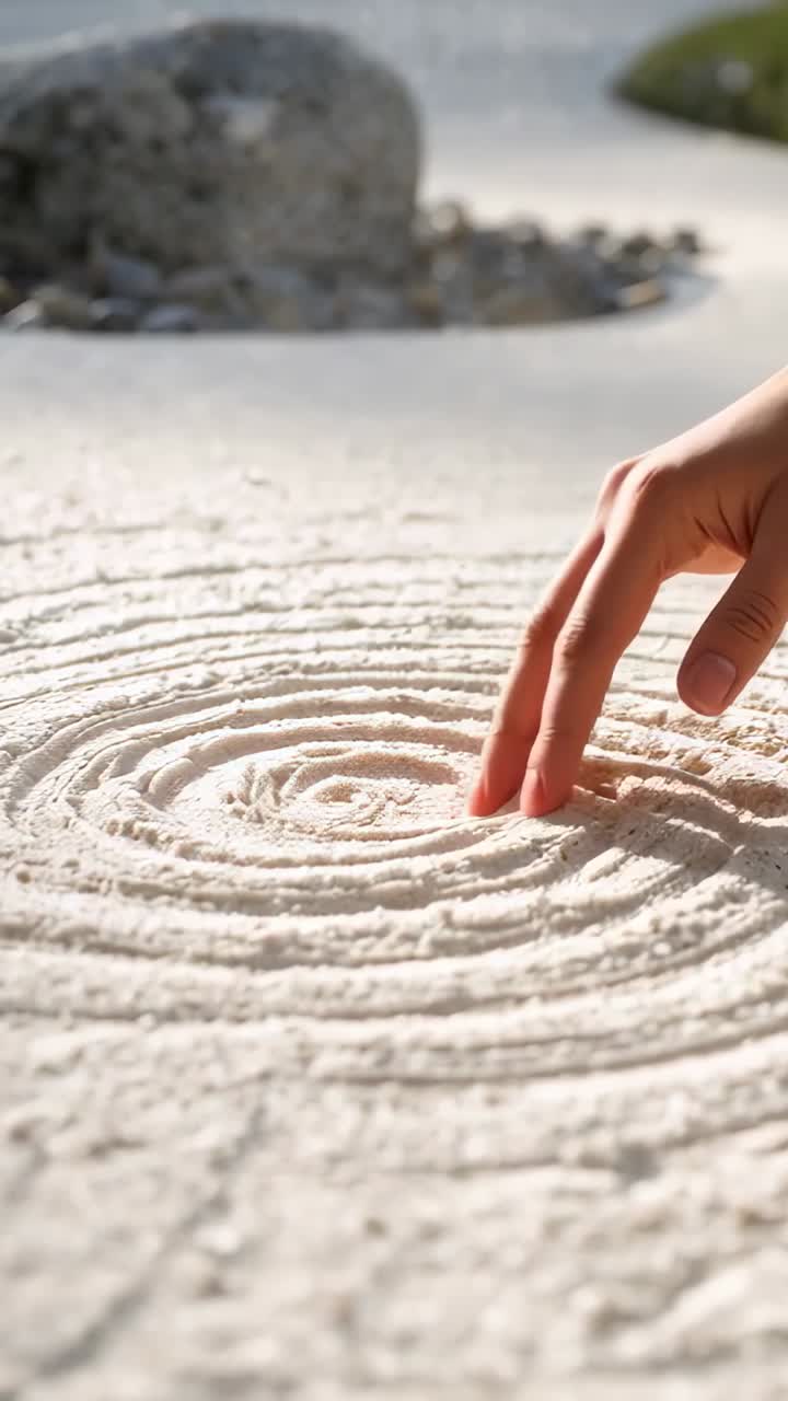 Vidéo verticale : main traçant une spirale dans un jardin zen ensoleillé pour un effet apaisant, pierre ronde, espace réservé