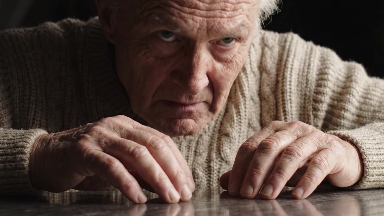 Un anziano uomo contemplativo fissa intensamente le sue mani appoggiate su una superficie riflettente, esprimendo profondo pensiero e introspezione in un sereno momento di solitudine.