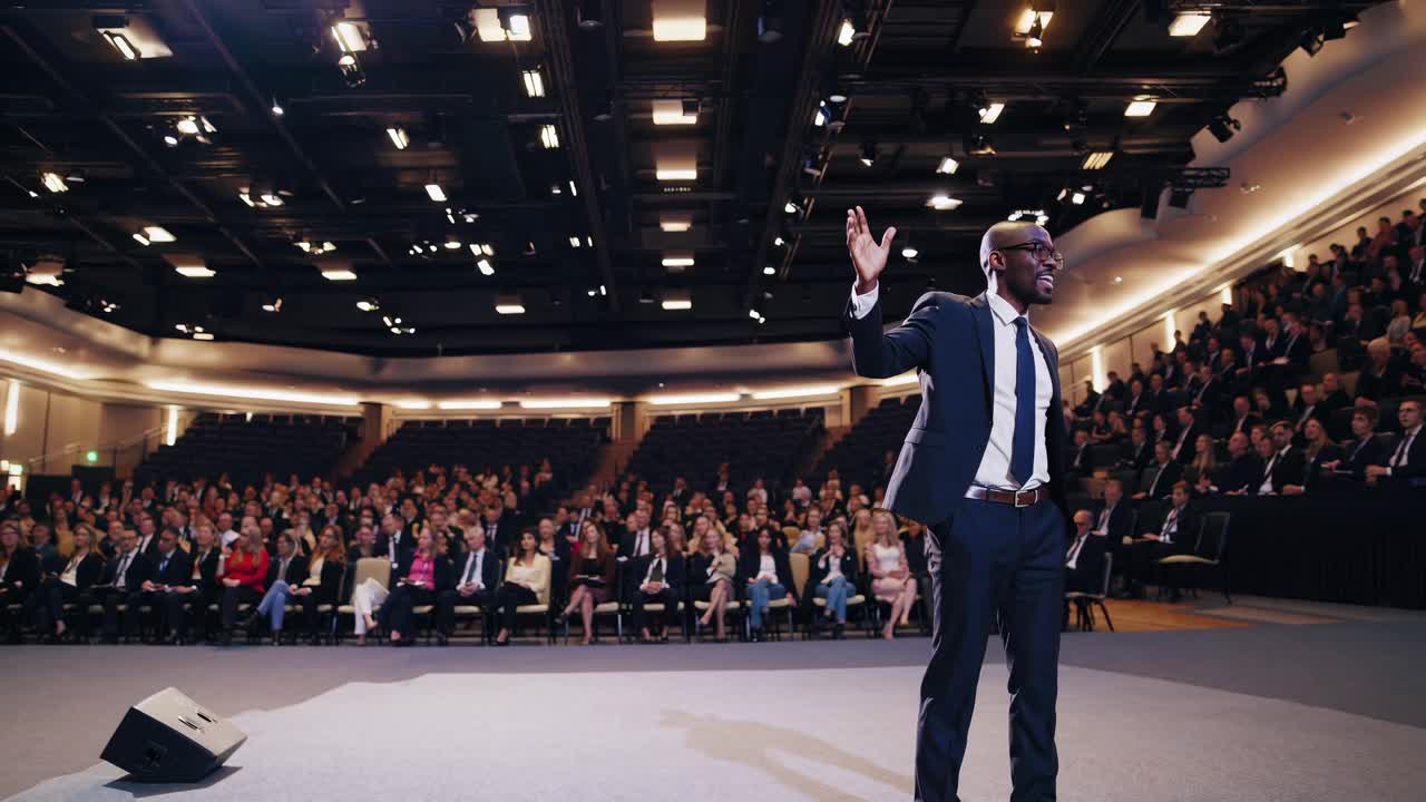 Inquadratura grandangolare di una sala conferenze piena di partecipanti, che cattura un'atmosfera professionale.