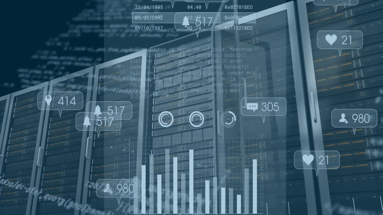 animación del procesamiento de datos en la sala de servidores