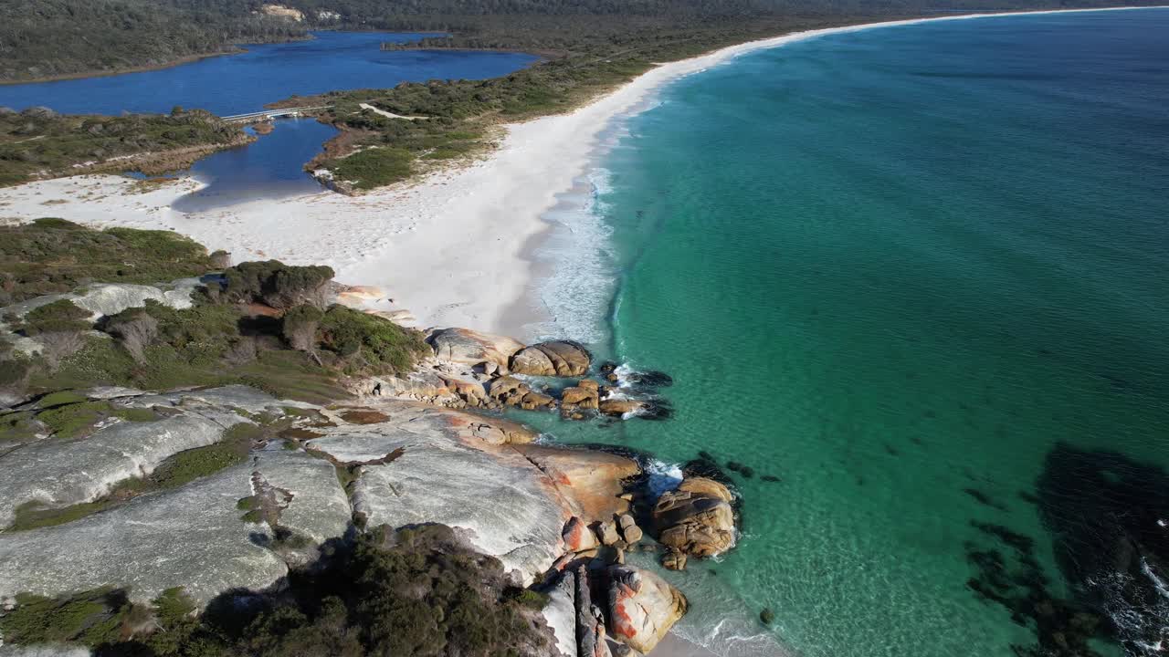 Taylors Beach, Sloop Lagoon In Tasmania, Australia - Aerial Drone Shot