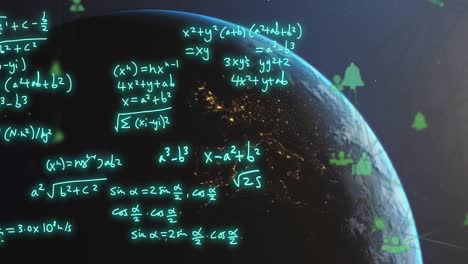 Animation-of-mathematical-equations-and-connected-icons-over-rotating-globe