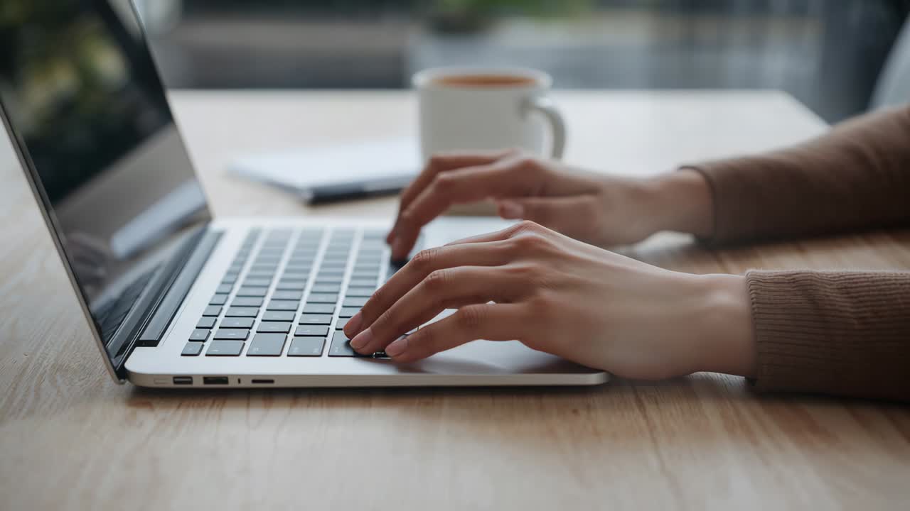 Landing fingers, typing hands wearing sweater working on laptop at wooden table with mug notebook