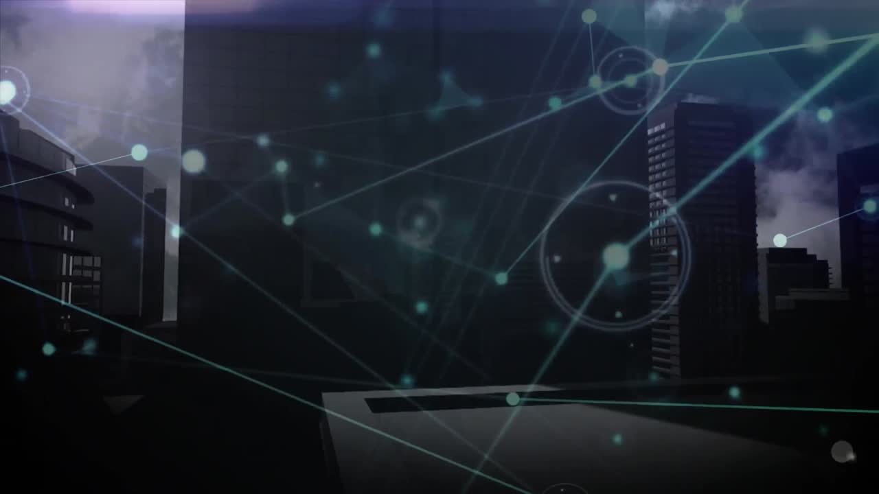 Animation of network of connections and blue glowing trails against tall buildings