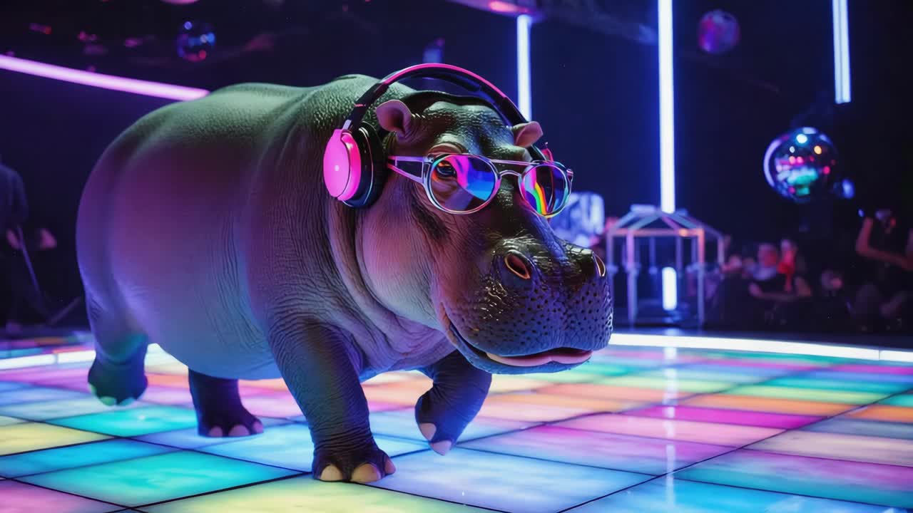 Cool Hippo Partying on a Disco Dance Floor
