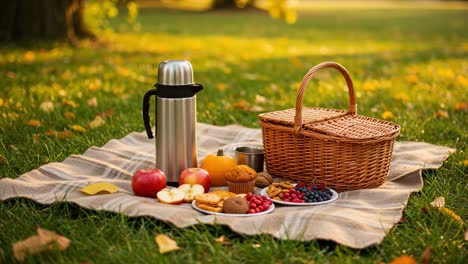 autumn picnic with basket, thermos, and assorted food on green grass