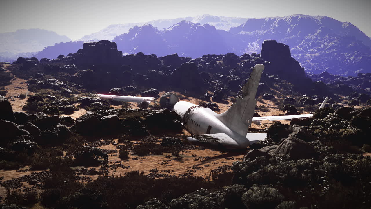 Plane crash site in rugged terrain surrounded by rocky mountains