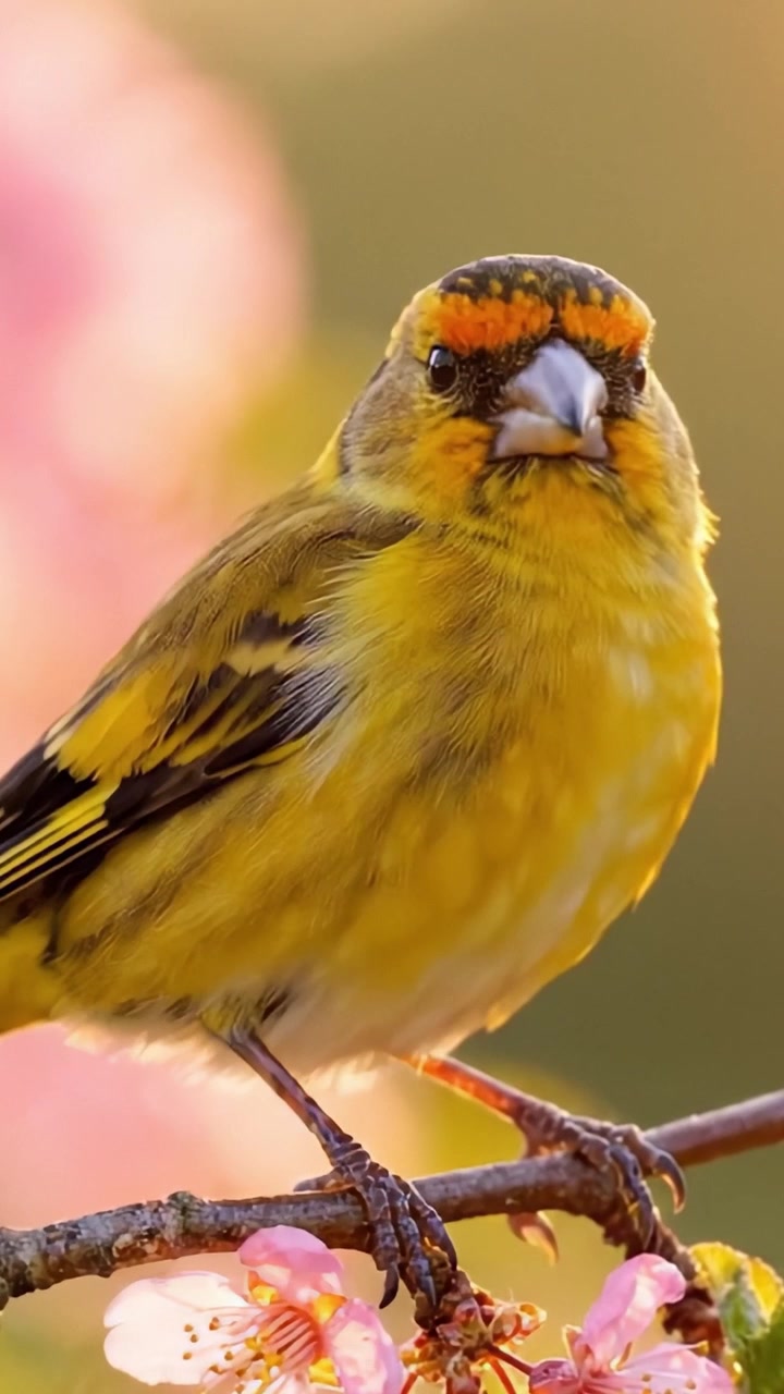 Un momento accattivante: primi piani di un vivace uccello giallo tra fiori rosa in fiore che catturano la bellezza della natura in un ambiente sereno.