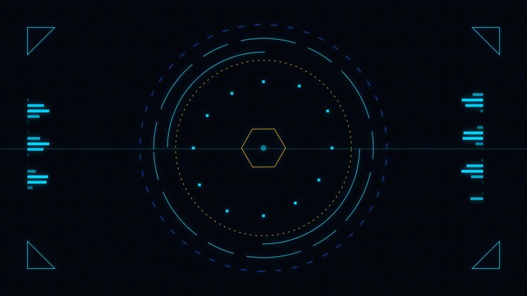 Futuristic Digital HUD Interface with Rotating Hexagon and Data Elements