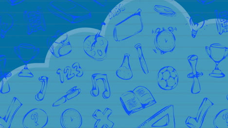 animación de los iconos de los artículos escolares sobre nubes sobre fondo azul