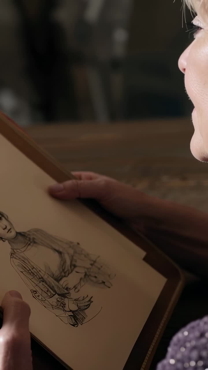 Vertikal video: Kvinde i skinnende top løfter indrammet kunst, studerer derhjemme og tilføjer penstreg, med plads til tekst.