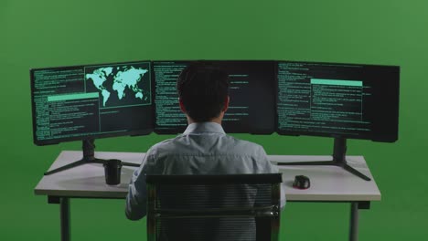 vista posteriore di un uomo asiatico felice sviluppatore che celebra e balla mentre scrive codice con più schermi di computer nello studio a schermo verde