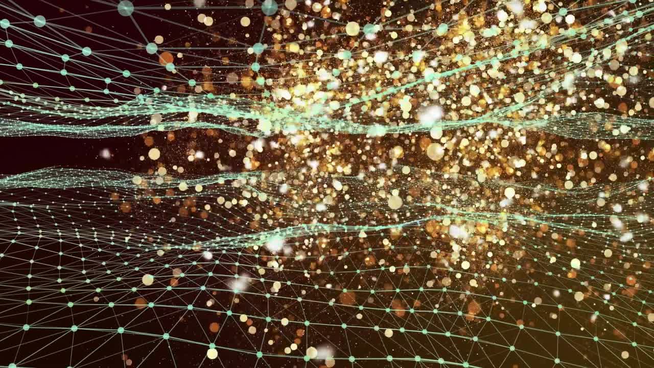 Teal wireframe mesh rippling while golden particles bursting center-right, visualizing data flow