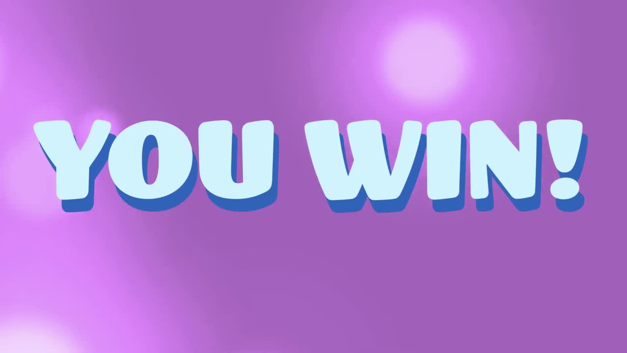 Animation of you win text with exclamation over geometric shapes, lens flares on purple background