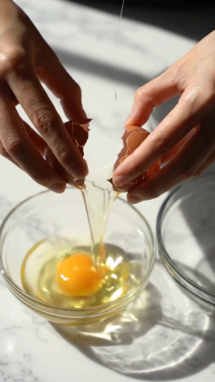 Person cracking fresh brown egg into glass bowl
