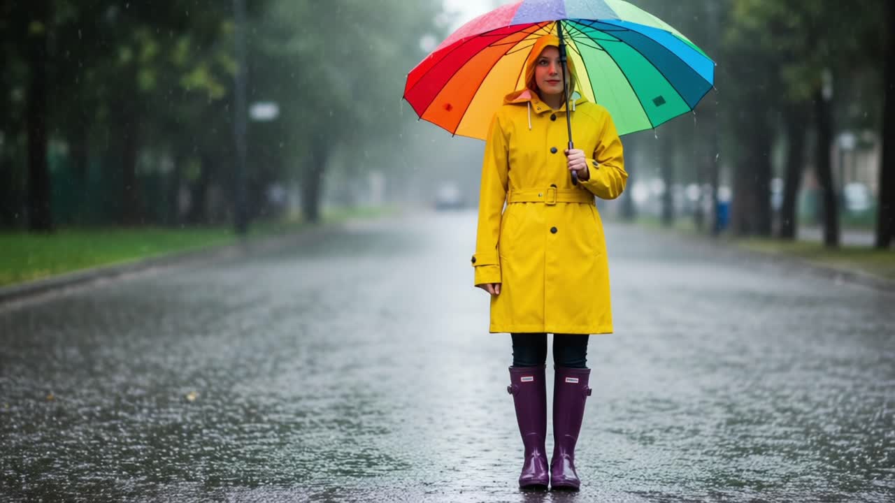 A Vibrant Contrast of Colors: A Young Woman Stands Alone on a Rainy Street, Sheltered Under a Bright Rainbow Umbrella in a Yellow Raincoat