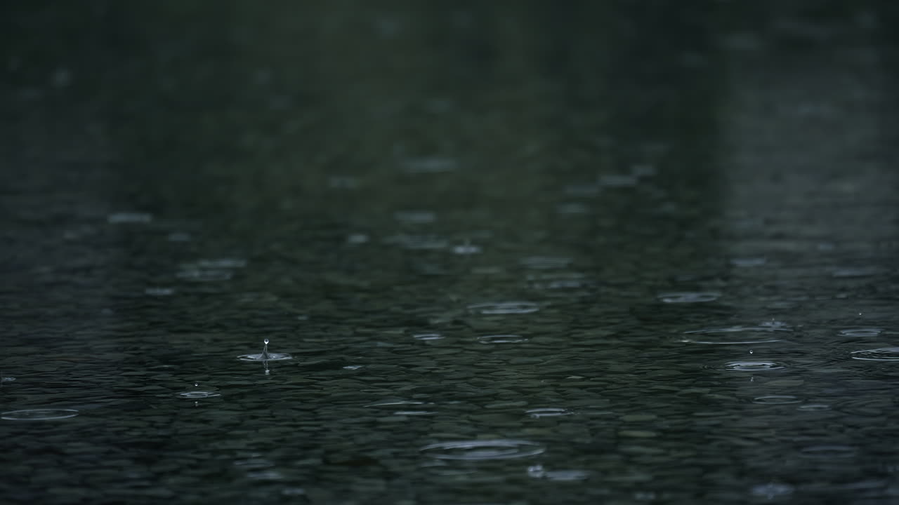 Slow motion of rain with splashes on wet asphalt surface