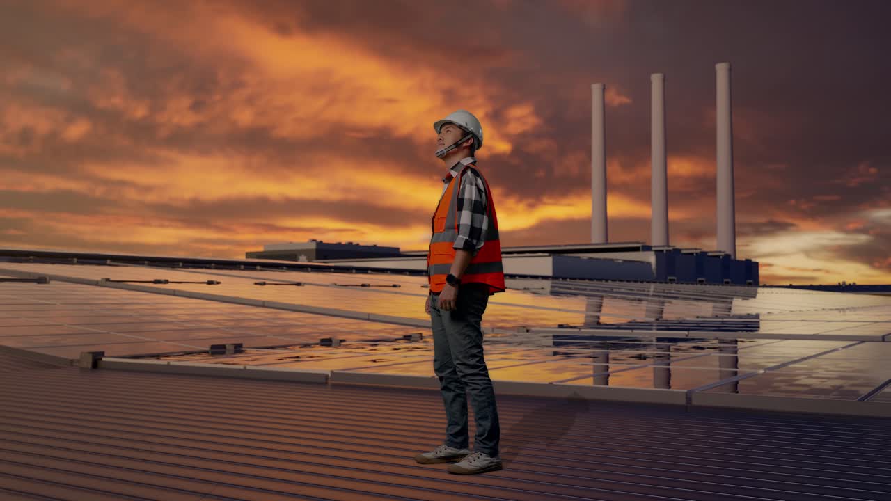 Full Body Side View Of Asian Male Engineer With Safety Helmet Looking Around While Standing, Inspecting Solar Panels on Rooftop at Sunset