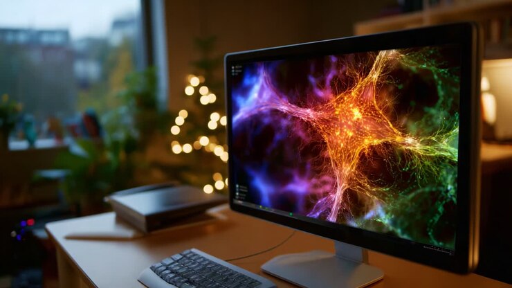 Abstrakt, farverig visualisering af neuroner på en computerskærm i et hyggeligt rum med omgivende belysning og julepynt i baggrunden