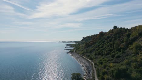 Un-Dron-Disparó-Un-Bosque-Contra-Un-Lago-En-Un-Día-Claro-Y-Soleado,-El-Parque-Bluffers-Y-La-Playa-En-Ontario,-Canadá