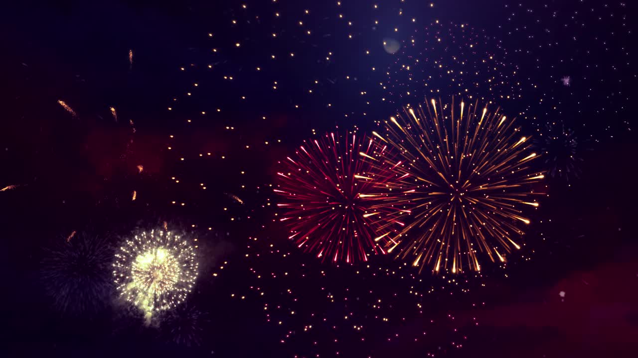 Big shiny fireworks with bokeh lights in the night sky loop animation background birthday