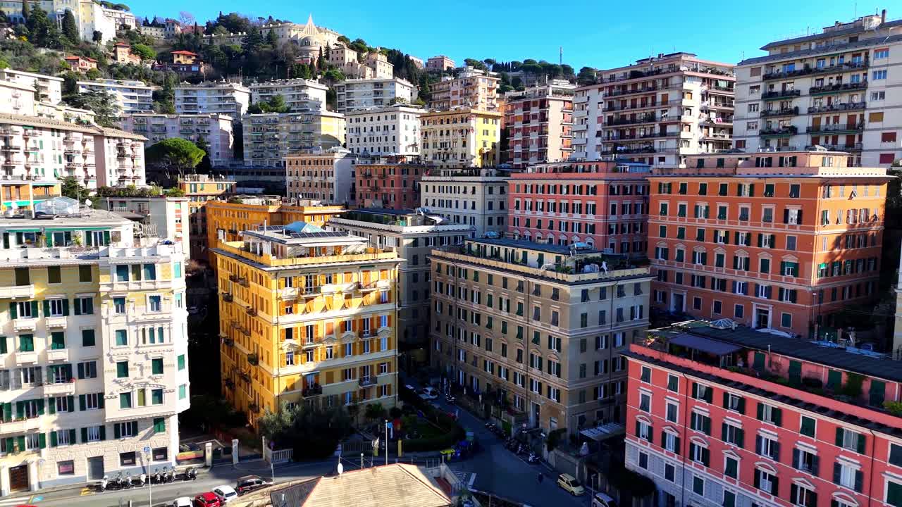 Colorful Ligurian buildings in Genoa seen from above