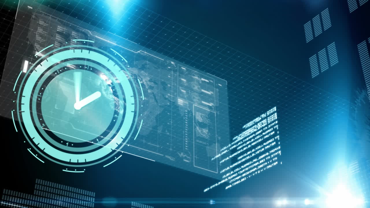 Animation of neon ticking clock icon over interface with data processing against blue background