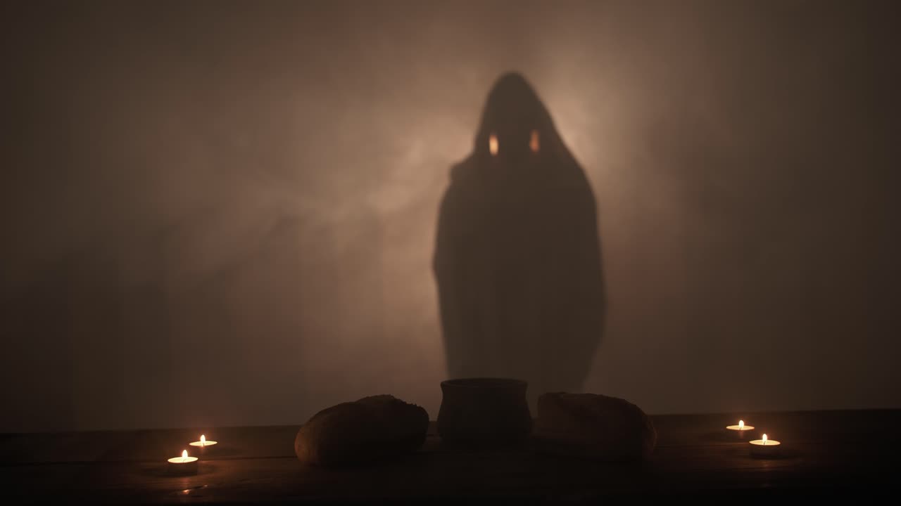 The silhouette of Jesus Christ standing near a table with Christian sacraments of bread and wine for last supper, communion, Easter symbolism. In cinematic slow motion with ambient light.