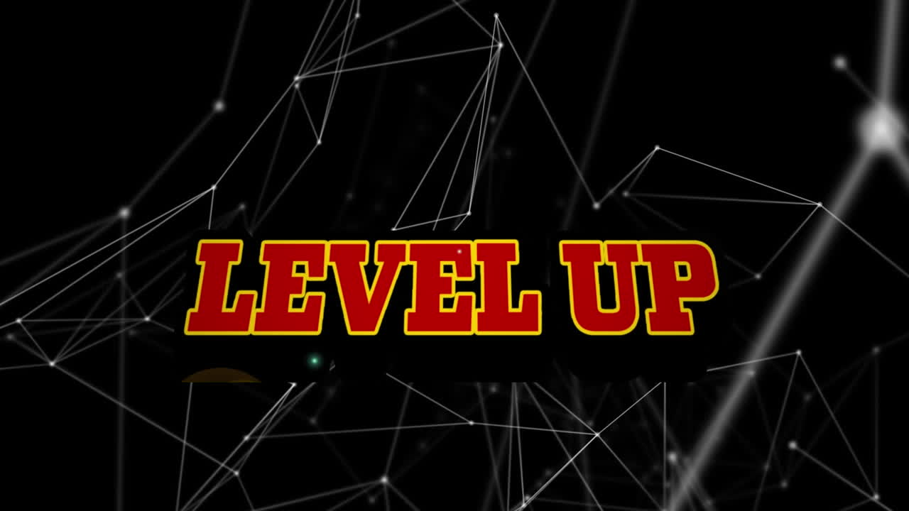 검은 바탕에 회전하는 연결 네트워크를 통해 레벨 업 텍스트 배너의 애니메이션