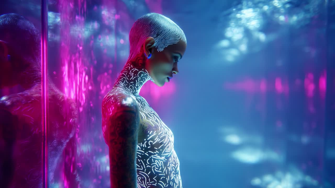 A mesmerizing digital art piece showcases a futuristic figure with intricate body patterns illuminated by vibrant neon lights in a reflective environment that captivates the viewer's imagination