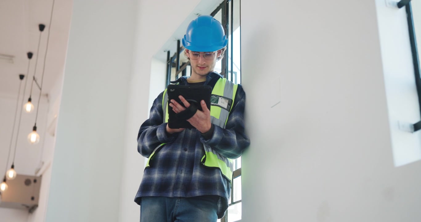 Construction Worker Using Tablet and Putting on Safety Glasses