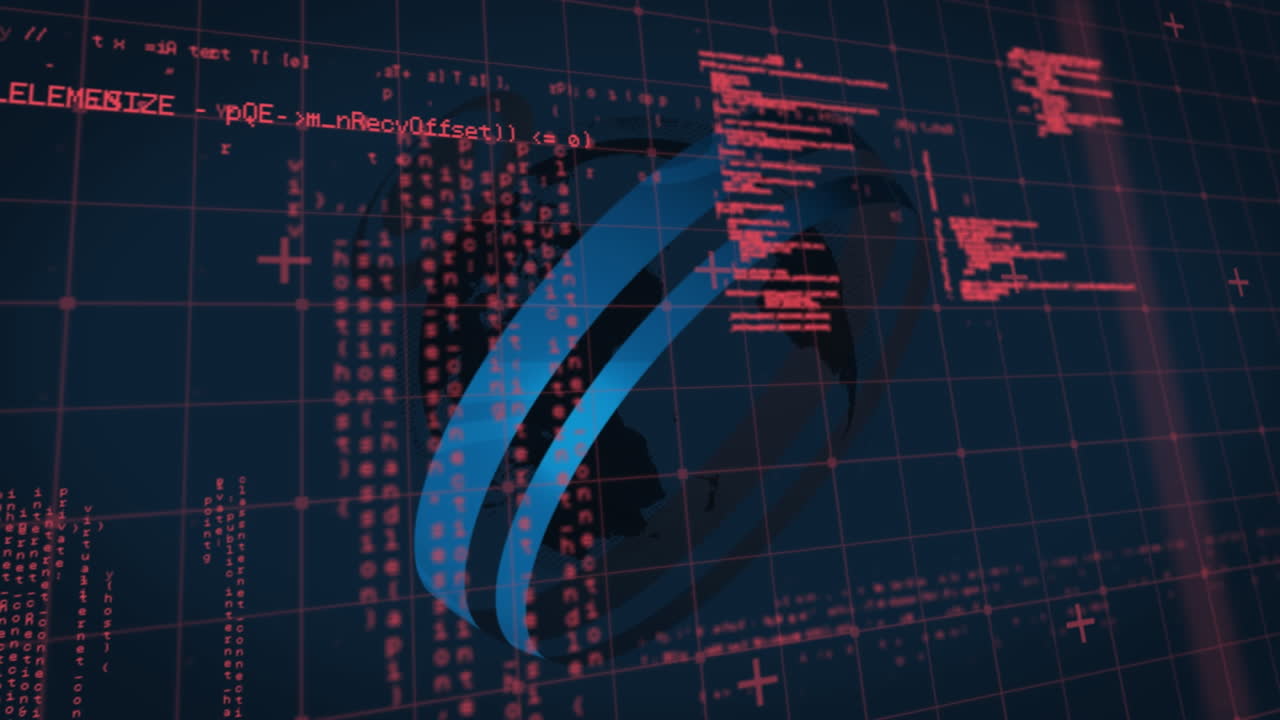 Animation of glowing red spots over interface with red digital grid and data processing