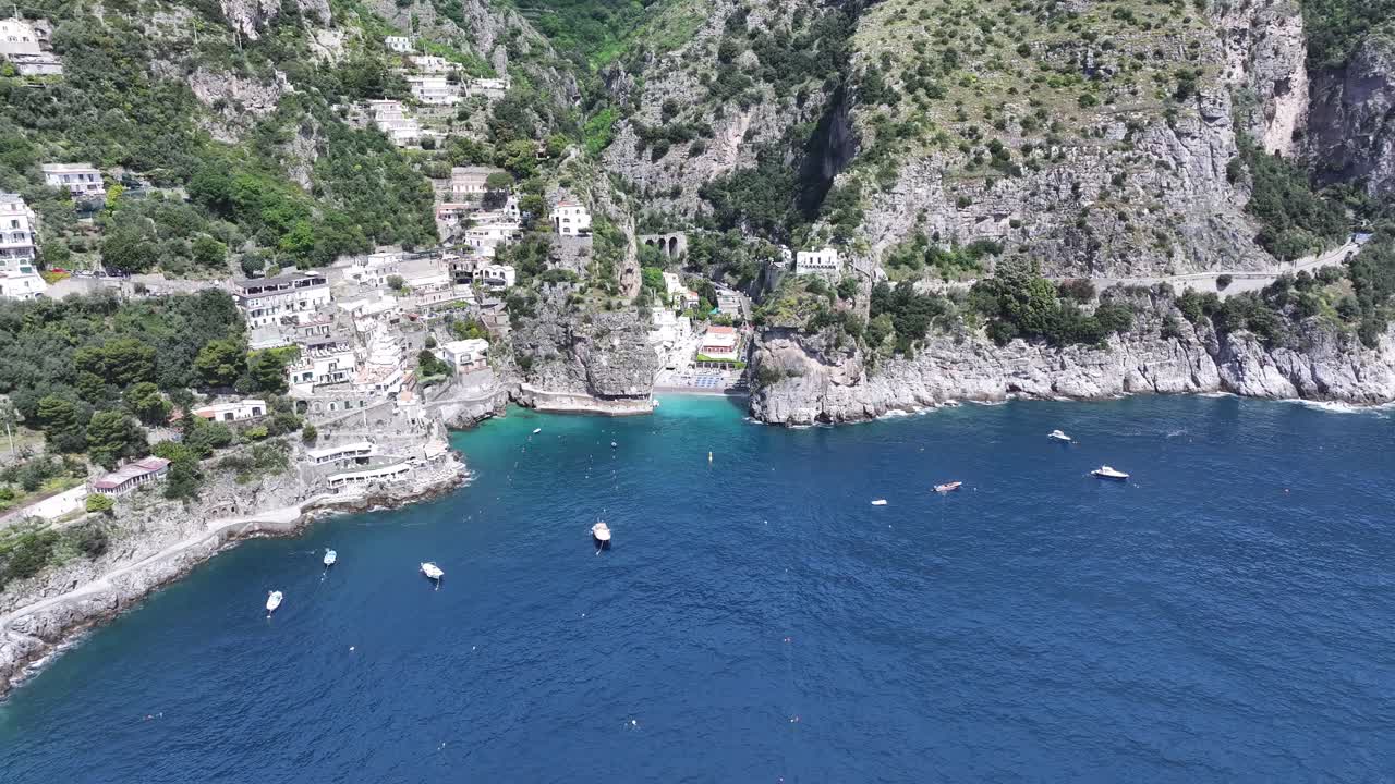 Amalfi Coast At Praiano In Salerno Italy. Beach Landscape. Tourism Landmark. Amalfi Coast At Praiano In Salerno Italy. Gulf Of Salerno Skyline. Coastal Cityscape. Mediterranean Sea.