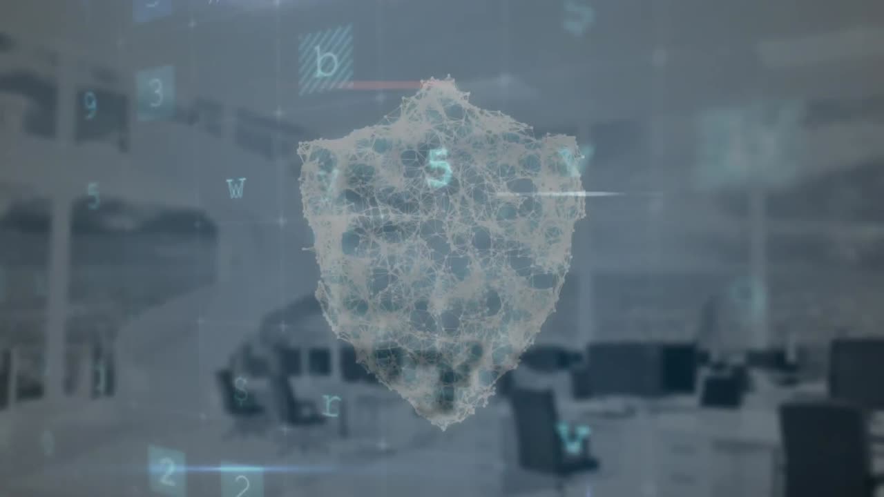 animación del procesamiento de datos de seguridad cibernética y el icono del candado de seguridad contra la oficina vacía.