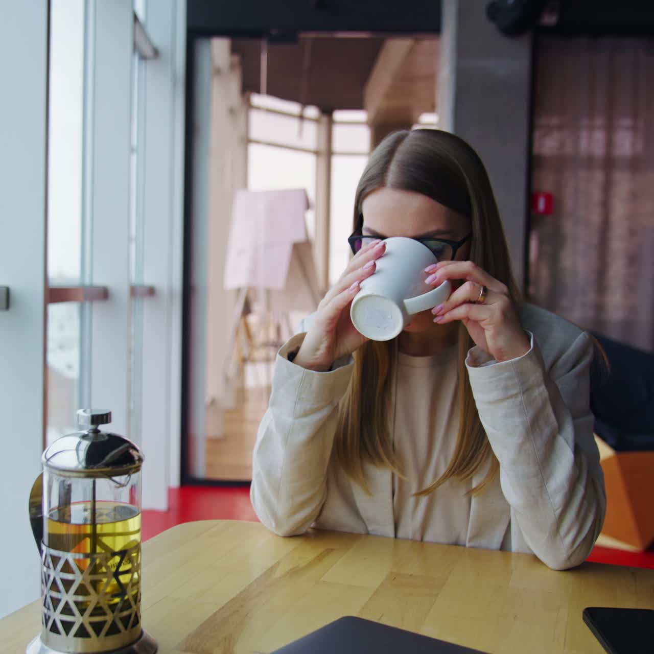 Businesswoman indoor laptop working. Business lady working in modern office with laptop