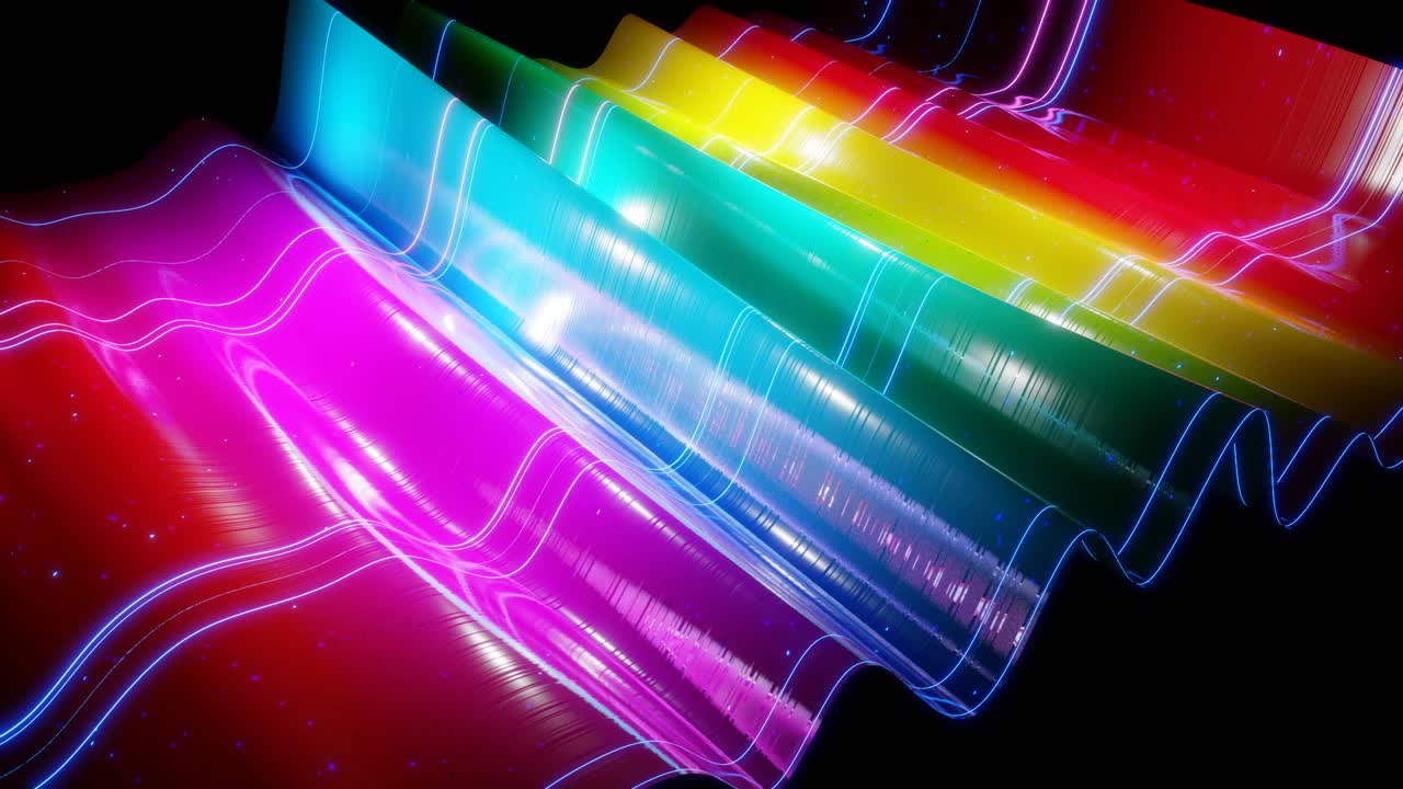 superficie 3d abstracta con hermosas olas, chispas luminosas y gradiente de color brillante, colores del arco iris. las olas corren en una superficie muy brillante y brillante con brillo brillante y líneas de brillo. animación en bucle de 4k