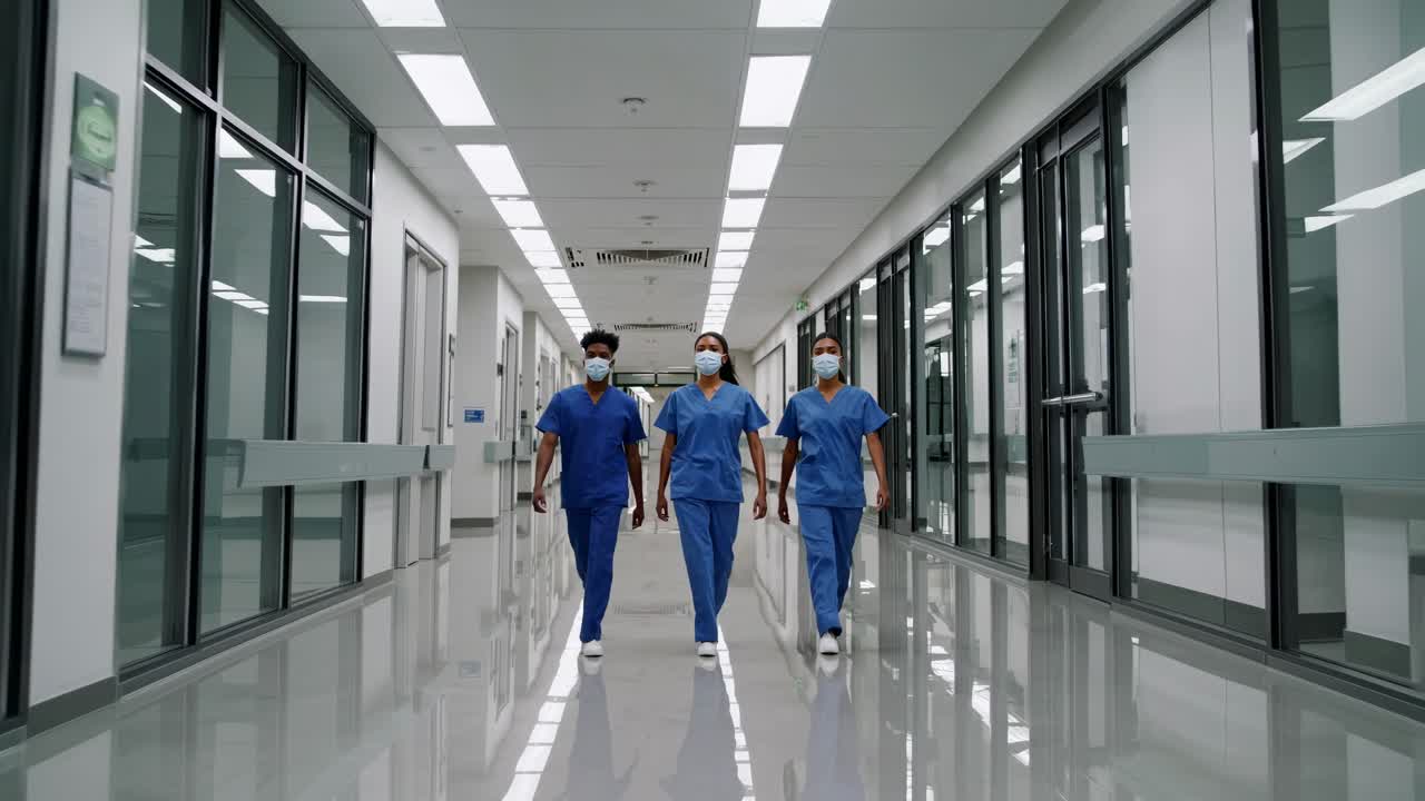 Profissionais médicos no corredor do hospital