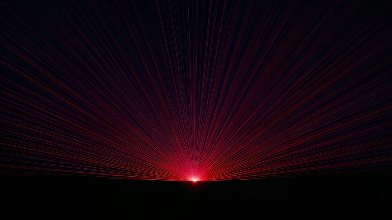 Radiating on first frame red point growing, sending radial beams across low horizon, lighting sky