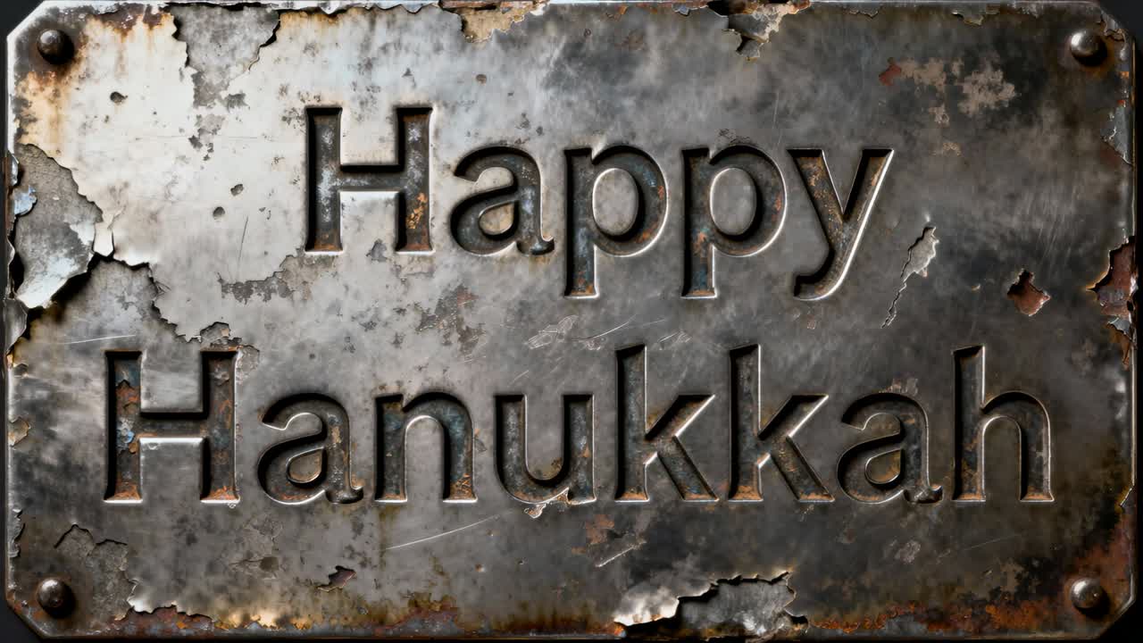 Tightening cam and shifting lights showing rusted plaque with rivet closeup embossed Happy Hanukkah