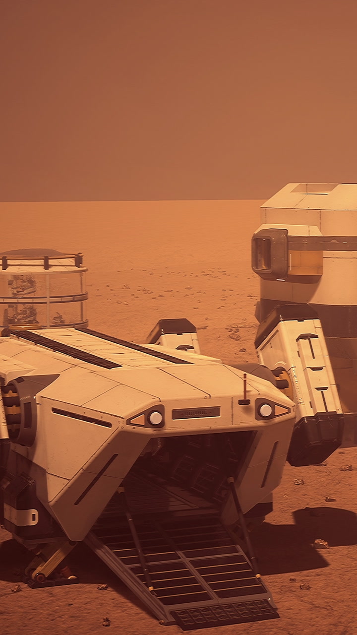 Mars surface base and vehicles during a dust storm at sunset