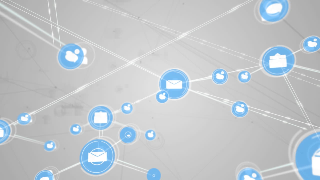 Animazione di una rete di connessioni con icone su sfondo grigio