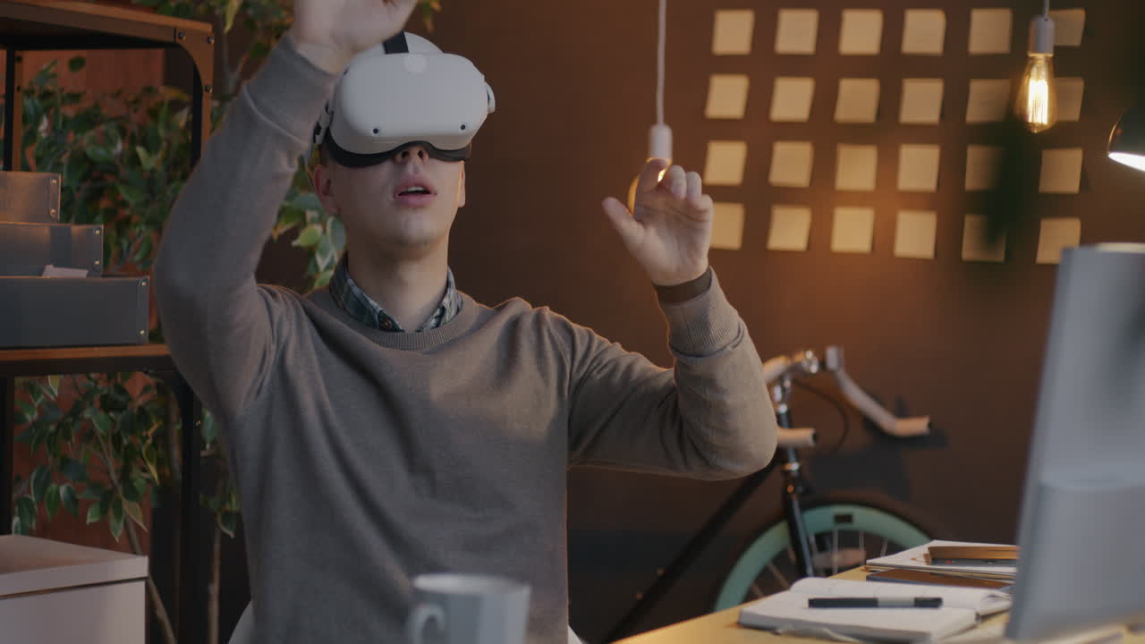 Man experiencing virtual reality in a modern office