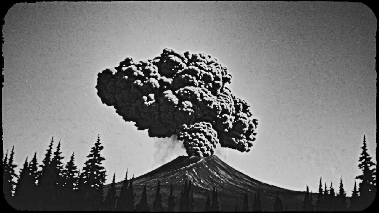 Vintage-style video still of a volcanic eruption, captured from a low angle