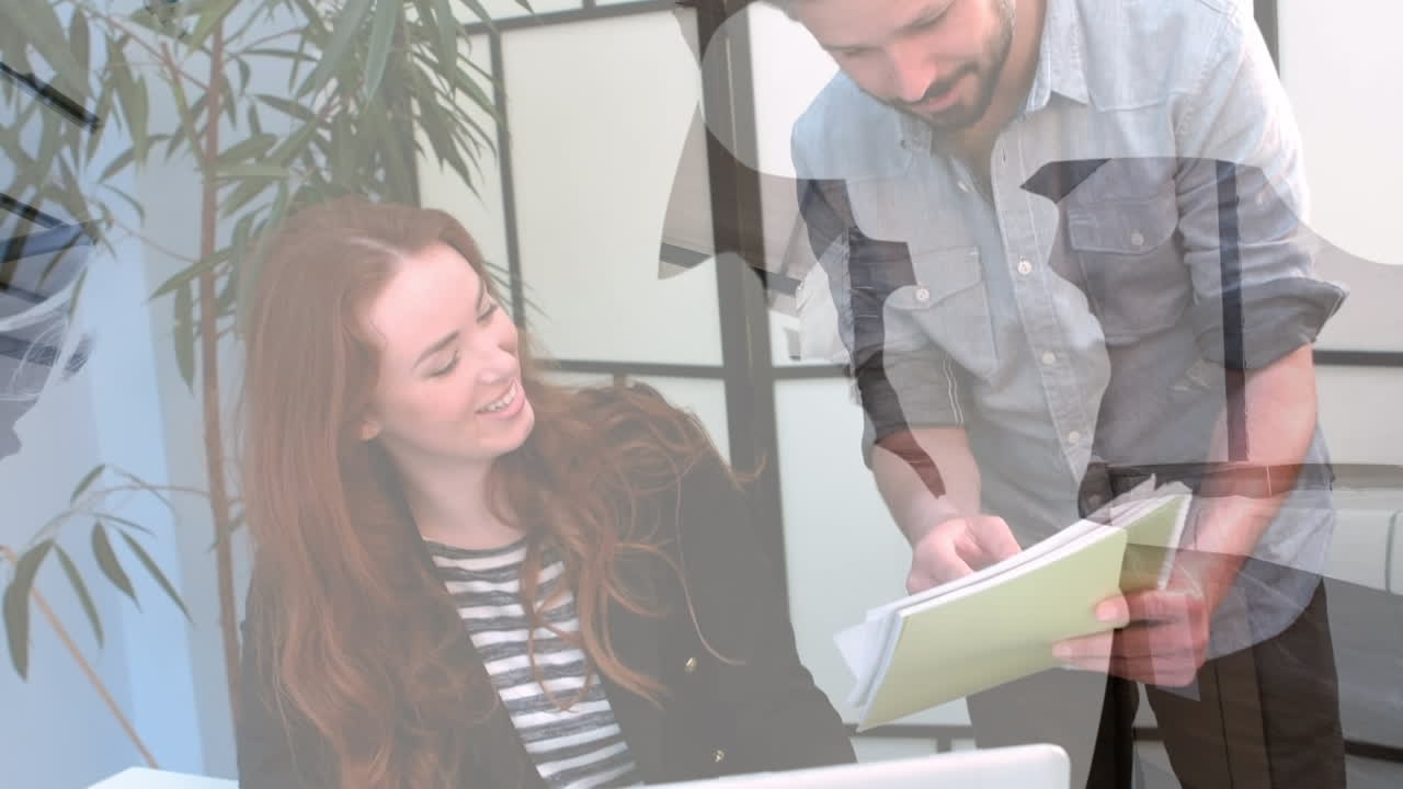 animación de formas sobre personas de negocios caucásicas en la oficina